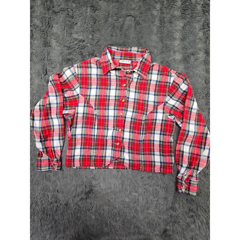 Gregor Red Plaid Cropped Flannel Button Down Shirt Long Sleeve Tartan Top Womens